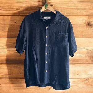 Tommy Bahama black silk textured wood button down shirt sleeve collared shirt M